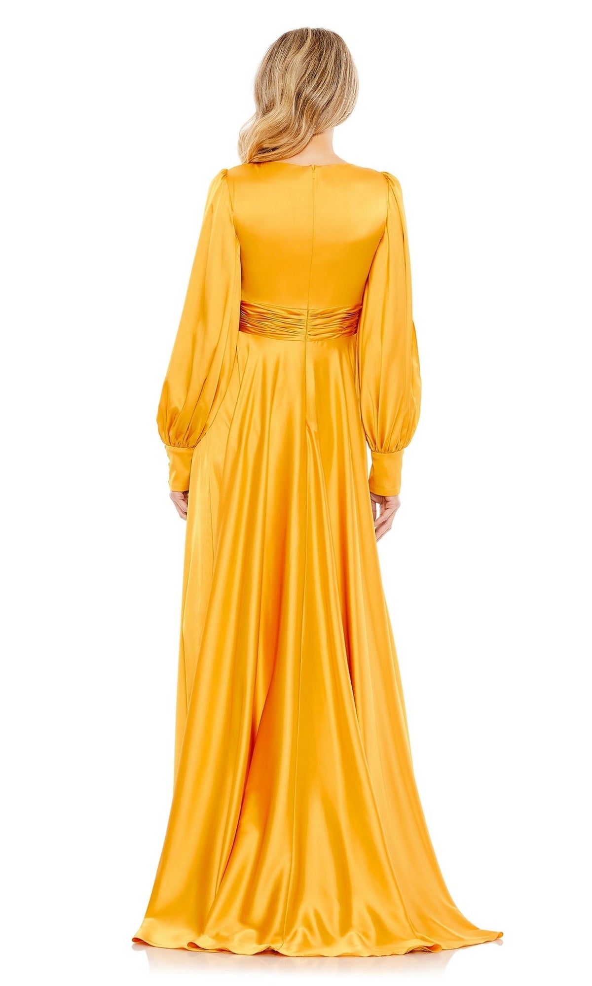 A woman with blonde hair is shown from the back, wearing the Long Formal Dress 67847 by Mac Duggal—a long yellow satin gown with long sleeves.